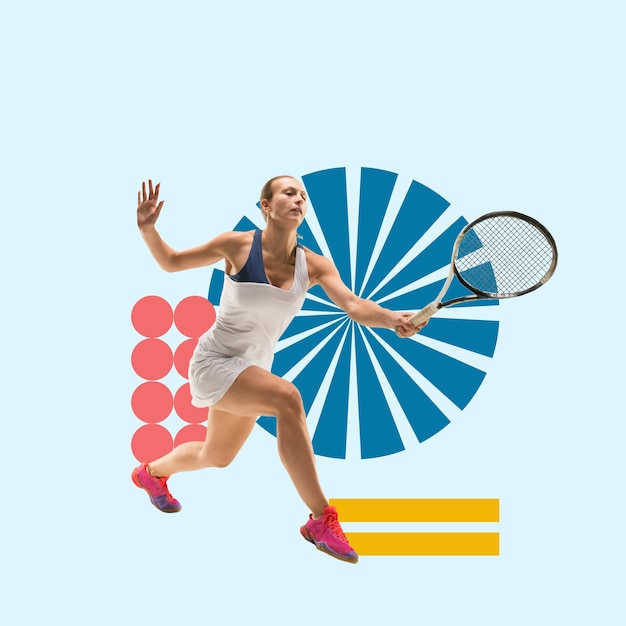 Creatieve sport en geometrische stijl Tennisser in actie beweging op blauwe achtergrond