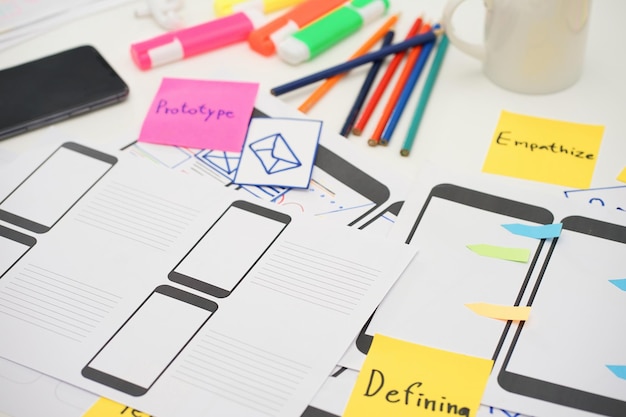 Creatieve top view foto van UX UI ontwerper werkruimte Gebruikerservaring concept