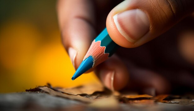 Foto creatieve vrouw met kleurrijk potlood bezig met herfstbladtekening gegenereerd door ai