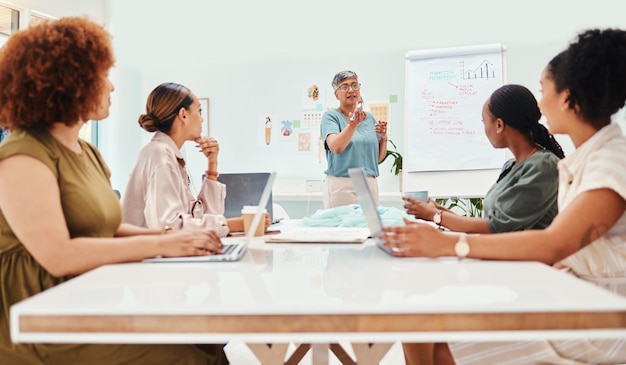 Foto creatieve vrouwelijke modeontwerper en coaching bij vergaderpresentatie of teamstrategie op kantoor volwassen vrouwelijke persoon, mentor of manager die personeel opleidt in kledingontwerpideeën of plan voor opstarten