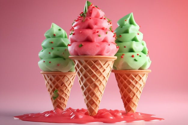 Foto creatieve watermeloen ijsje met sprinkles en veel heerlijke watermeloensaus.