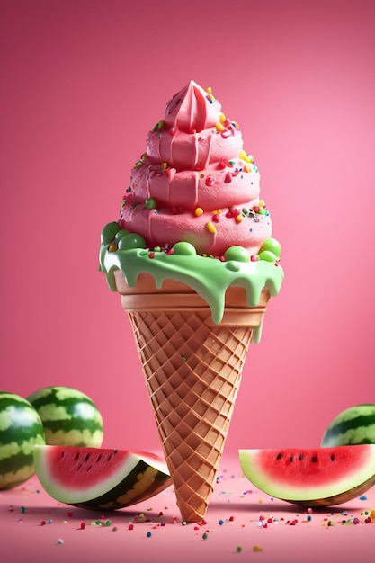 Creatieve watermeloen ijsje met sprinkles en veel heerlijke watermeloensaus.