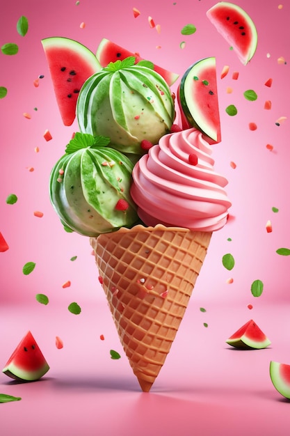 Creatieve watermeloen ijsje met sprinkles en veel heerlijke watermeloensaus.