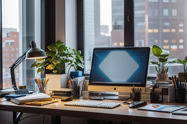 Foto creatieve werkplek bij een glazen raam met computer- en kantoorbenodigdheden