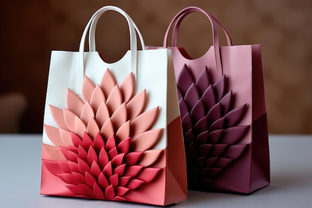 Foto creatieve winkeltassen met handvatten met een omvangrijk patroon van een exotische bloem staan op de tafel