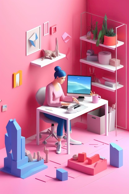 Foto creatieve workathome-ontwerper en student in een flat interior ai-illustratie