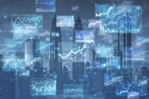 Creatieve zakelijke forex grafiek hologram op wazige stadsachtergrond Financiën aandelenhandel en financiële groei Dubbele blootstelling