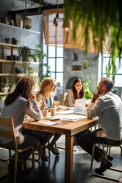 Creatieve zakenmensen ontmoeten elkaar aan tafel in open loftkantoren.