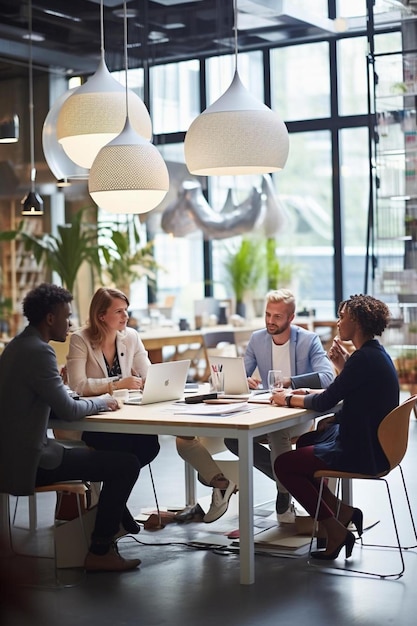 Creatieve zakenmensen ontmoeten elkaar aan tafel in open loftkantoren.