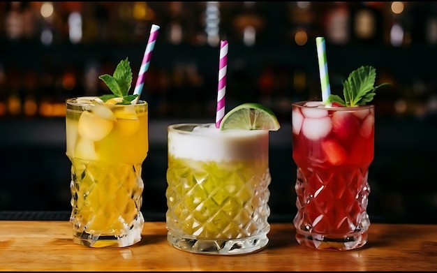 Creatieve zoete exotische alcohol cocktails aan de bar achtergrond drie glazen op tafel verfrissende dranken met rietjes