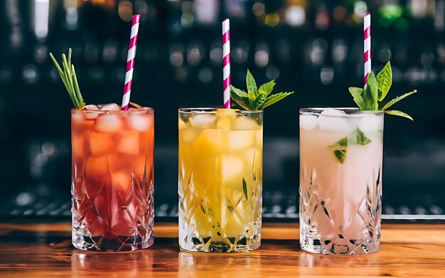 Creatieve zoete exotische alcohol cocktails aan de bar achtergrond drie glazen op tafel verfrissende dranken met rietjes