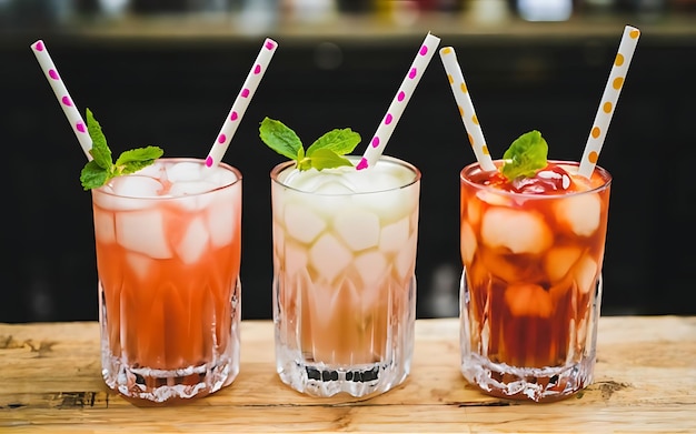 Creatieve zoete exotische alcohol cocktails aan de bar achtergrond drie glazen op tafel verfrissende dranken met rietjes