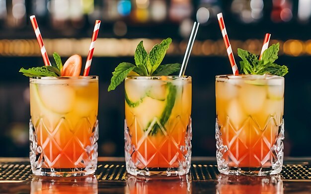 Creatieve zoete exotische alcohol cocktails aan de bar achtergrond drie glazen op tafel verfrissende dranken met rietjes