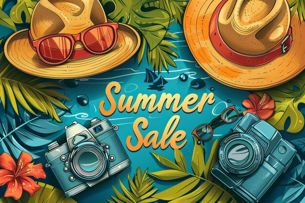 Creatieve zomer verkoop banner met strand tropische bladeren hoed zonnebril camera en tekst Zomer verkoop 50 off