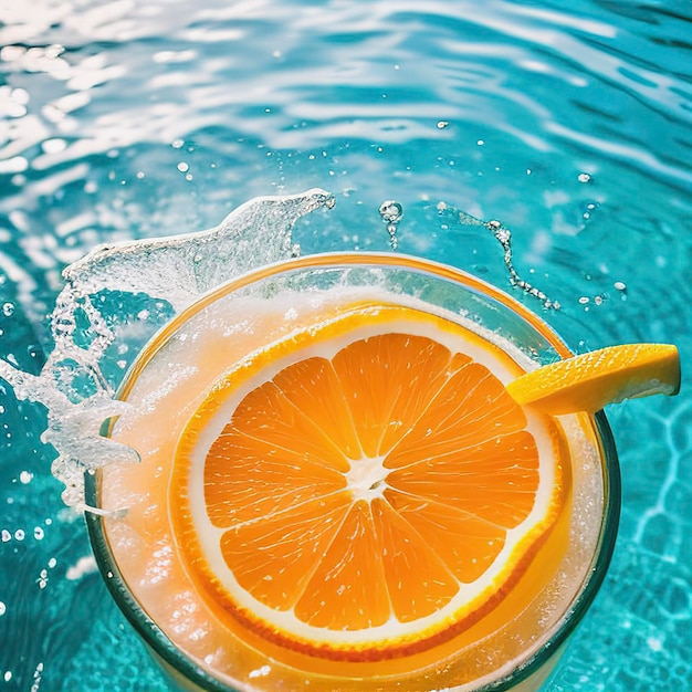 Foto creatieve zomercompositie gemaakt van gesneden sinaasappel in doorzichtig zwembadwater verfrissingsconcept gezond verfrissend drankje thema top view