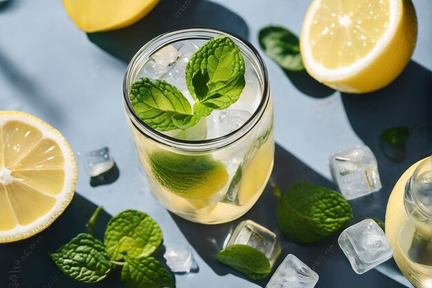 Creatieve zomercompositie met muntblaadjes van schijfjes citroen en ijsblokjes Minimale limonadedrank