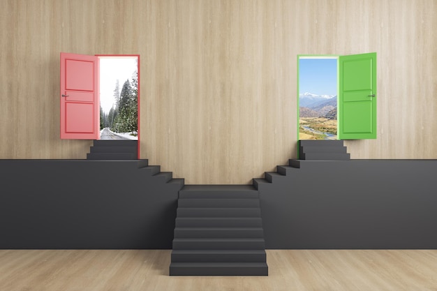 Creatieve zwarte trap met twee open deuren in houten interieur Succesweg en kansconcept 3D-rendering