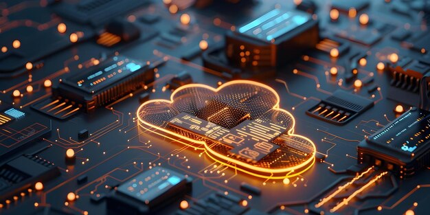 Создание 3D-рендеринга интерфейса облачных вычислений с освещенными устройствами на темном фоне Концепция облачных вычетов 3D-рендеринга Интерфейса Дизайн освещенных устройств Темный фон