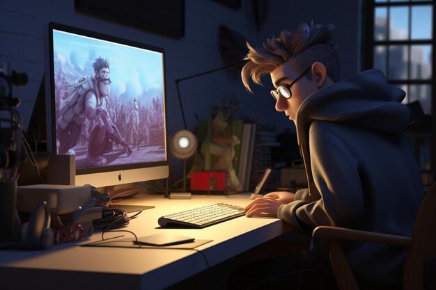 Photo creating a cartoonlike portrayal of a man diligently working on a computer