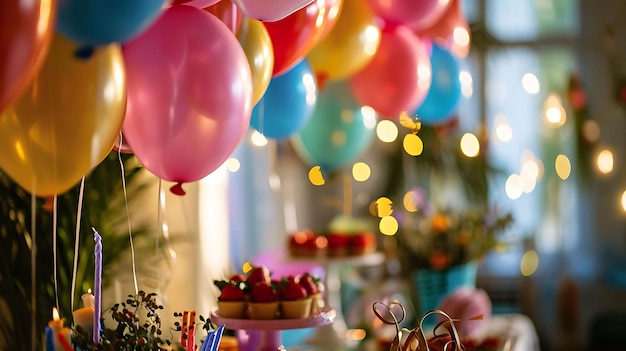 Photo creating a cheerful atmosphere with balloons and decorations for a festive gathering copy space