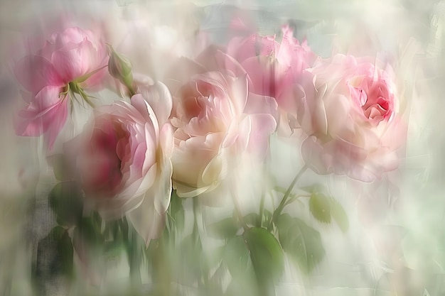 Creating a dreamy blurred backdrop Soft pink roses in the foreground Concept Blurred rose garden Dreamy floral backdrop Soft pink rose vignette Romantic flower scenery