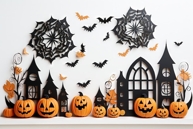 Создание декораций на Хэллоуин из цветной бумаги на белом фоне для веселой праздничной атмосферы