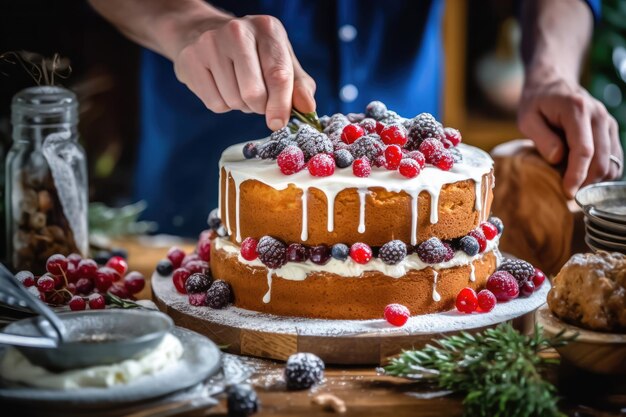 Creating Holiday Magic Hands Decorate Christmas Cake Generative AI