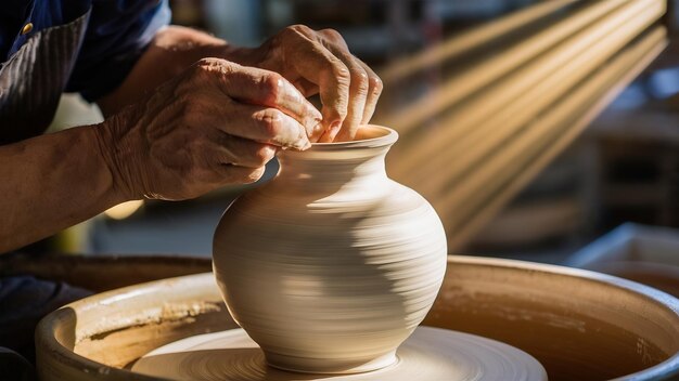 Photo creating a jar or vase of white clay closeup master crock