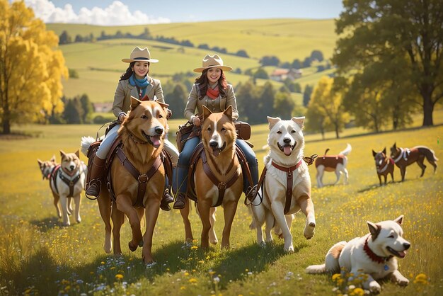 Photo creating a perfect snapshot of harmonious companionship between humans and horse their canine friends