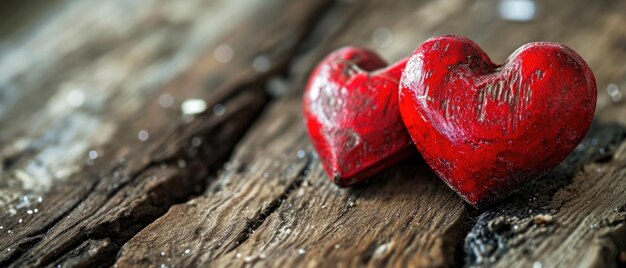 Creating A Romantic Valentines Day Atmosphere With Two Red Hearts On A Wooden Background