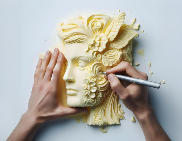 Photo creating a sculpture out of butter intricate details are being carved into the butter artwork