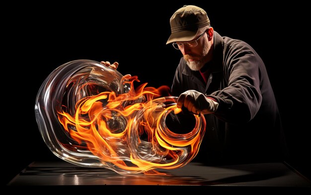 Photo creating swirling patterns with blowtorch on transparent background