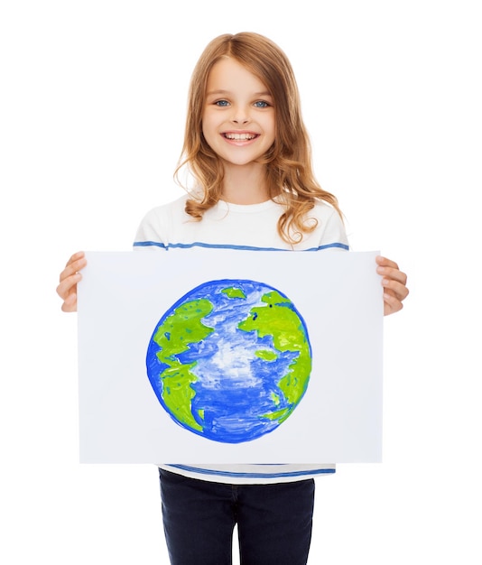 creation, art, planet, happiness and painting concept - smiling little child holding picture of planet