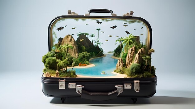 Creative 3D photos of Islands and Islands inside of a suite case on World Tourism Day and travel