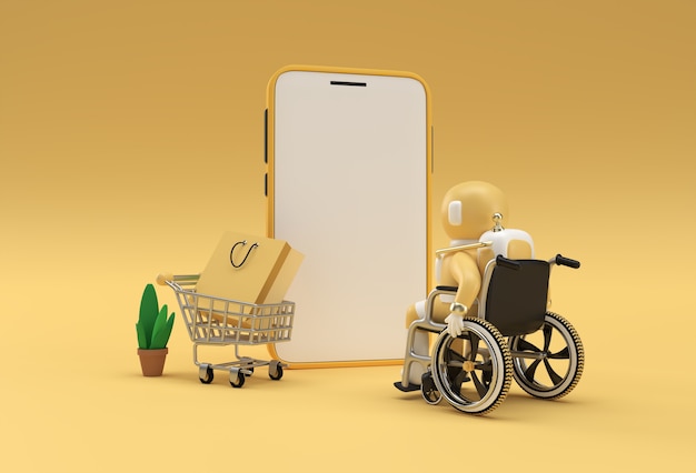 Creative 3d render mobile online shopping mockup with astronaut in wheelchair web banner, marketing material, presentation, online advertising.