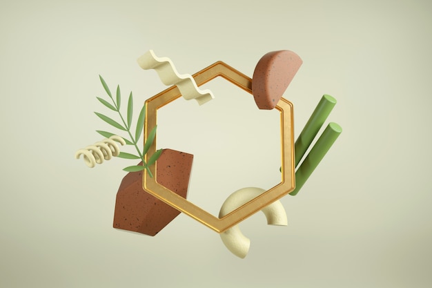 Creative 3d render with frame. Modern composition of shapes and materials. Earthy colors.