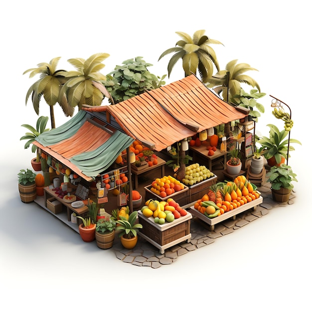 Креативный 3D-рекламный модель Tropical Fruit Market Showcasing Vibrant Fruit Stalls