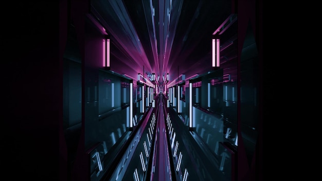 빛나는 보라색 및 파란색 네온 4K UHD 조명이 있는 끝없이 길고 좁은 터널을 나타내는 창의적인 추상 3d 그림