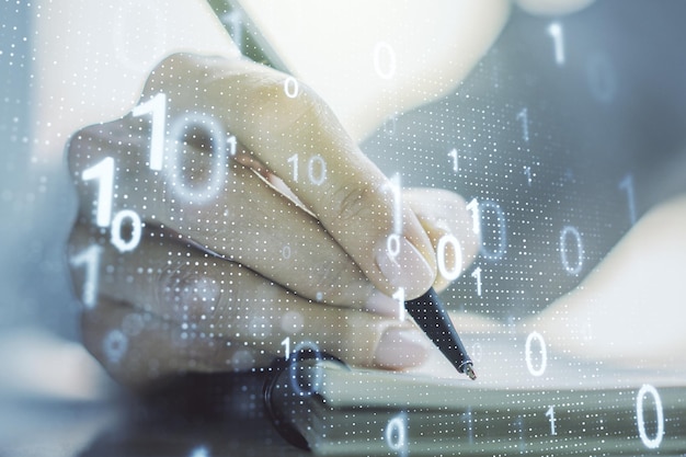 Creative abstract binary code hologram and woman hand writing in diary on background AI and machine learning concept Multiexposure