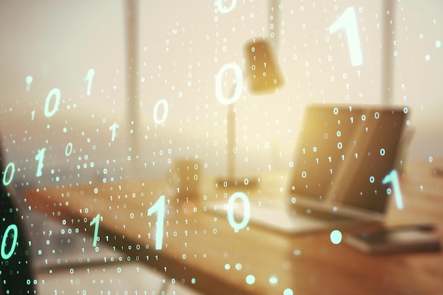 Creative abstract binary code sketch on modern laptop background hacking and matrix concept Multiexposure