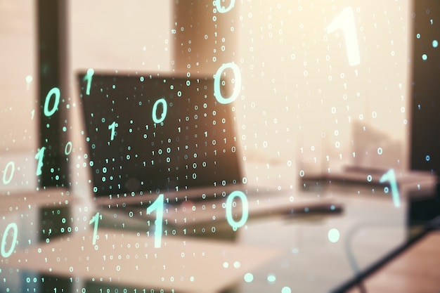 Creative abstract binary code sketch on modern laptop background hacking and matrix concept Multiexposure