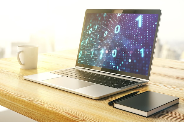 Creative abstract binary code sketch on modern laptop monitor hacking and matrix concept 3D Rendering