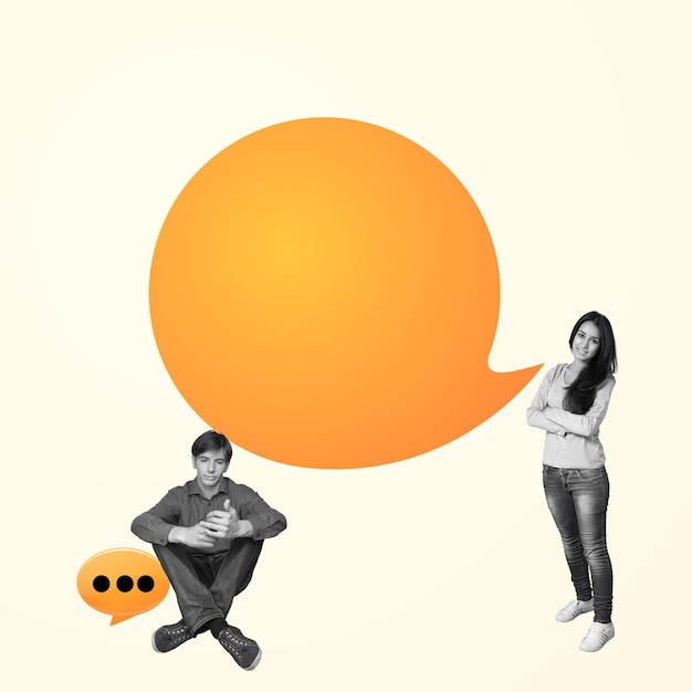 Foto collage astratto creativo di una coppia divertente che parla di sms spazio vuoto