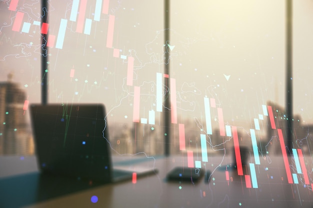 Creative abstract global crisis chart with world map sketch and
modern desk with computer on background falling markets and
collapse of global economy concept double exposure