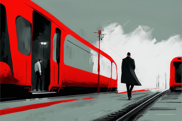 Творческие абстрактные железнодорожные путешествия и железнодорожный туризм транспорт промышленная концепция красный современный высокоскоростной пассажирский пригородный поезд цифровое искусство стиль иллюстрации живопись