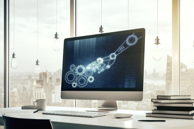 Creative abstract robotics technology sketch on modern laptop monitor future technology and AI concept 3D Rendering