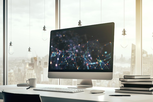 Creative abstract technology sketch on modern laptop monitor future technology and AI concept 3D Rendering