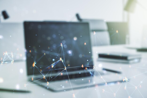 creative abstract wireless technology hologram on modern computer background artificial intelligence and machine learning concept multi exposure