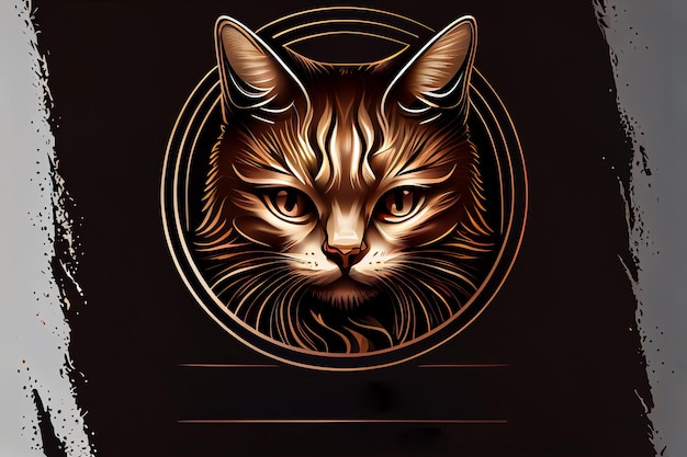 Creative ai generated logo of golden cat in round shaped frame\
against black background