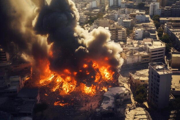 Creative AI illustration of bombed buildings in Israel Palestine Israel conflict War fire and destruction